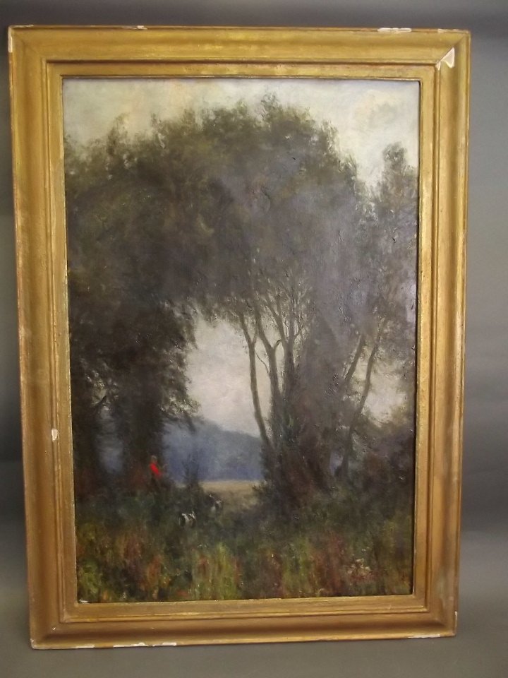 An oil on canvas, goats in a woodland, signed Corot,: An oil on canvas, goats in a woodland, signed Corot, 32'' x 21''