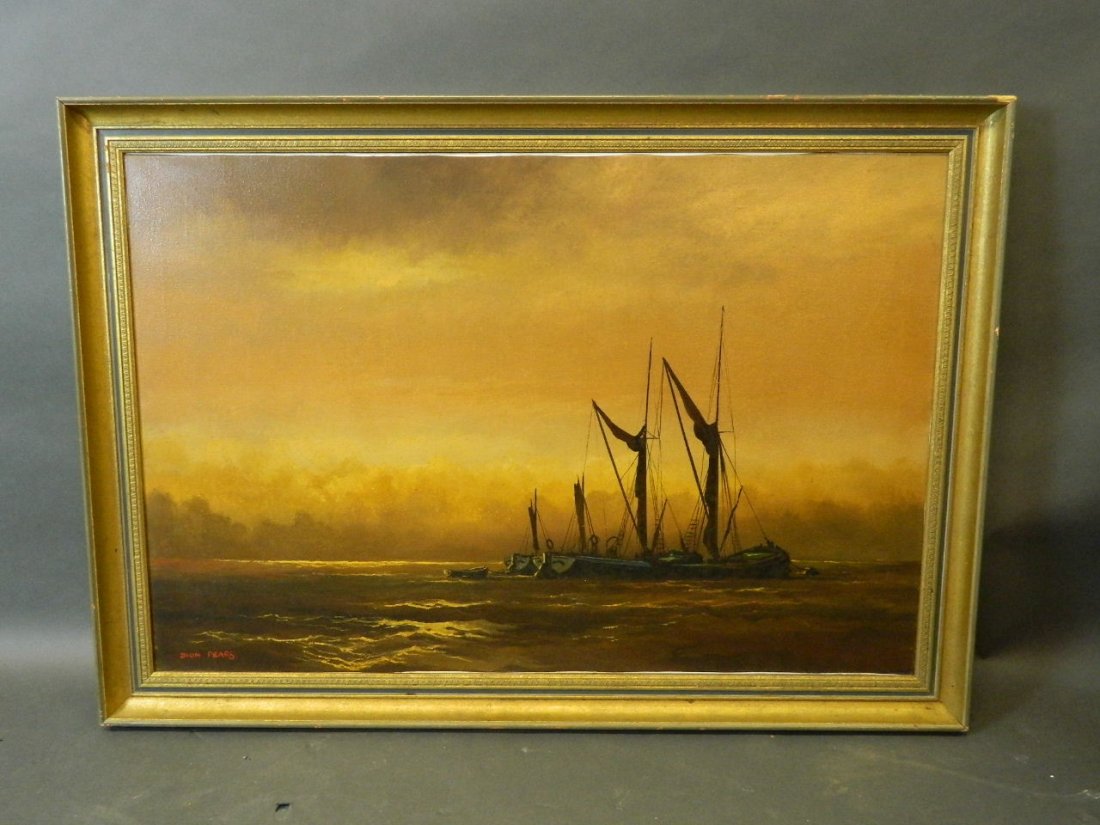 Dion Pears, signed oil on canvas, Thames barges at: Dion Pears, signed oil on canvas, Thames barges at anchor in an estuary at sunset, 36'' x 24''