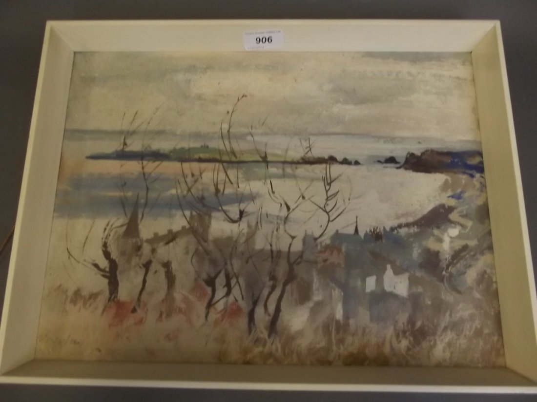 A C20th impressionist oil on board, coastal scene with: A C20th impressionist oil on board, coastal scene with town, signed Ursula, 16½'' x 12½'' including frame
