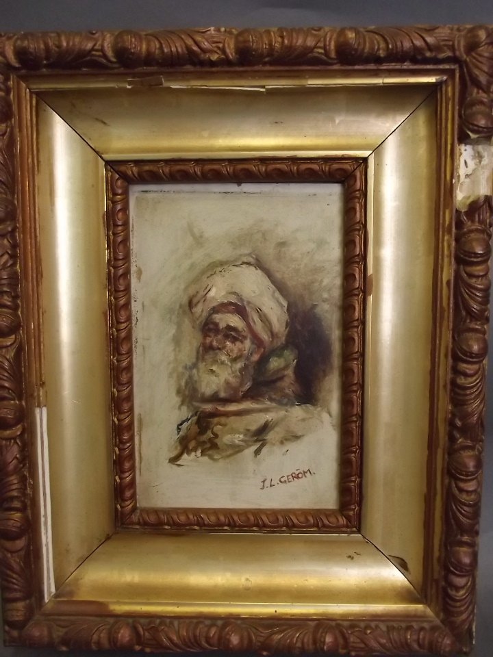An oil on board, portrait of an Arab, signed J.L.: An oil on board, portrait of an Arab, signed J.L. Gerom, 9'' x 5½''