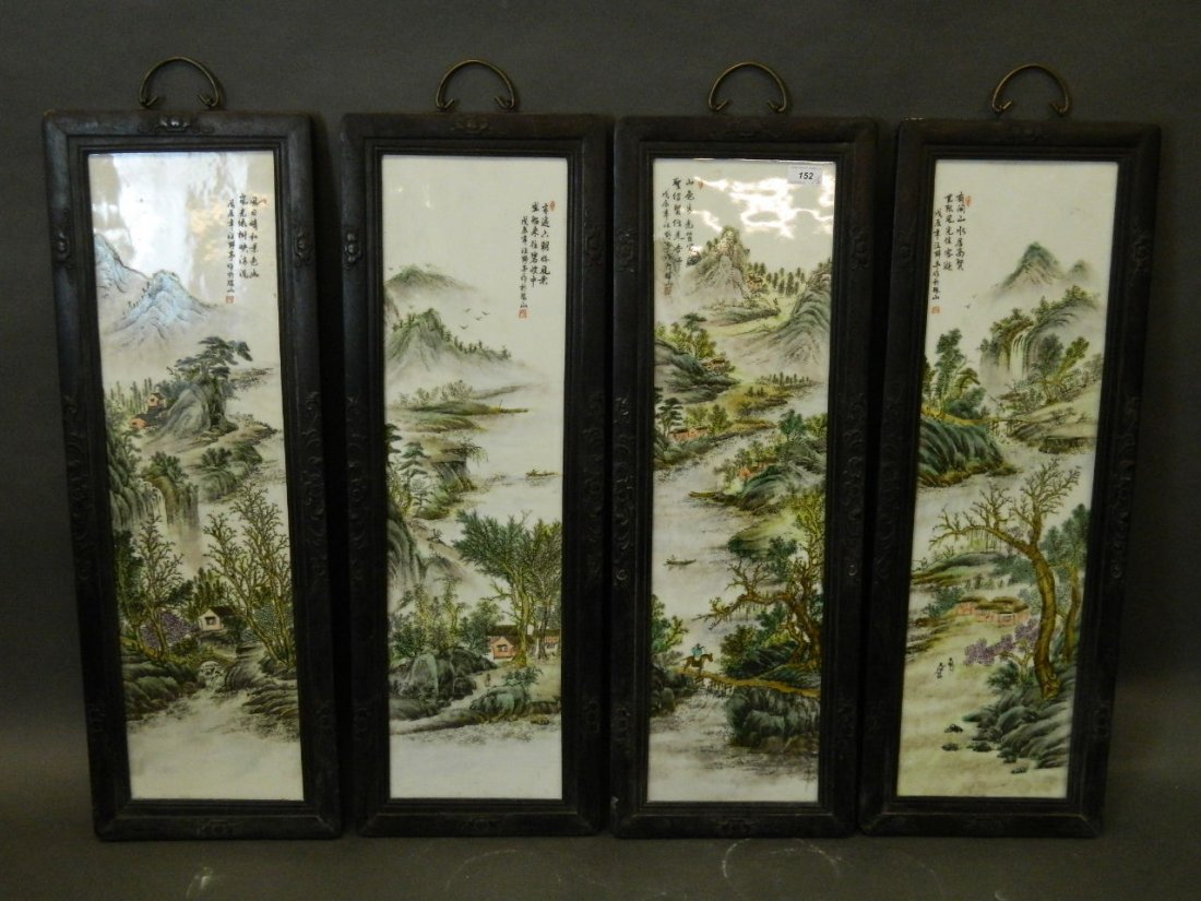 Four Chinese porcelain screens in hardwood frames: Four Chinese porcelain screens in hardwood frames depicting mountain landscape scenes, 11¼'' x 32¼''