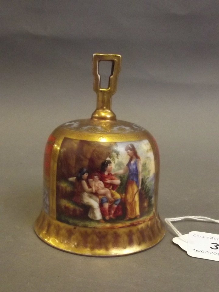 A fine C19th Vienna porcelain table bell painted with: A fine C19th Vienna porcelain table bell painted with classical scenes and gilded decoration, 4'' high