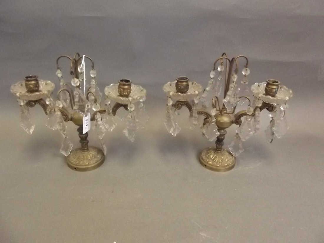 A pair of brass and glass two branch lustres, 9½'' high: A pair of brass and glass two branch lustres, 9½'' high