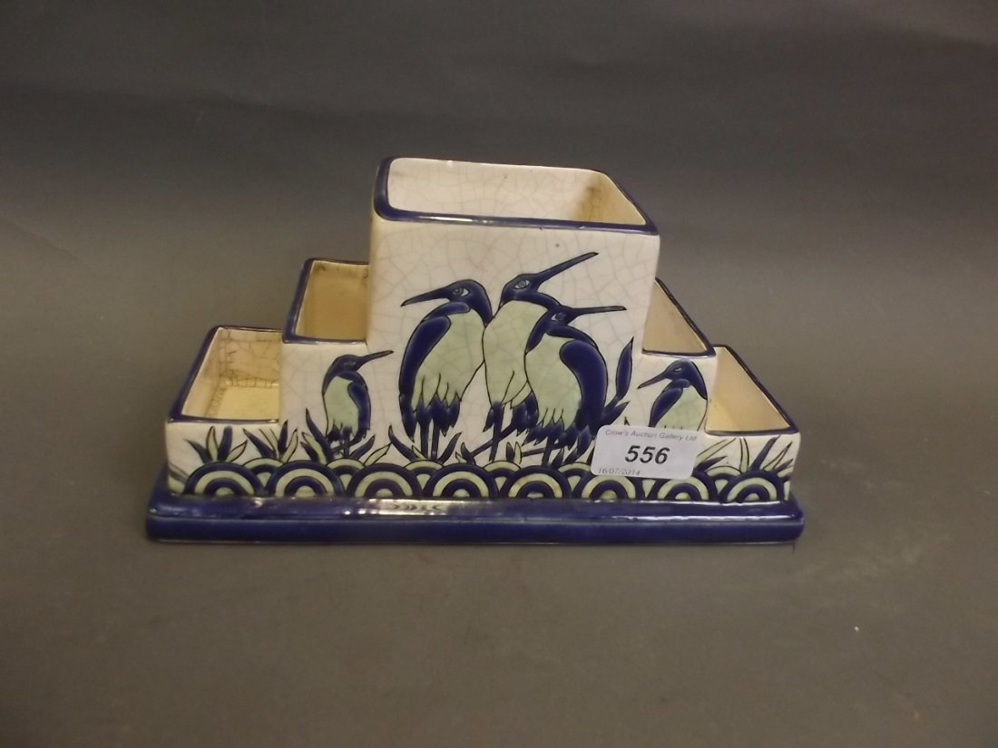 An Art Pottery stepped vase with painted enamel water: An Art Pottery stepped vase with painted enamel water fowl decoration, 9½'' x 4¾''