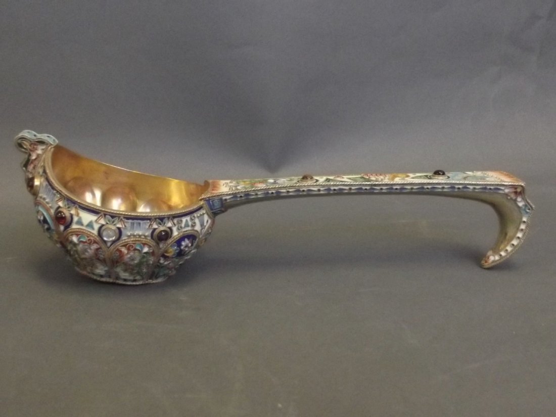 A Russian silver gilt and Champleve enamel Kovsh, 8½'': A Russian silver gilt and Champleve enamel Kovsh, 8½'' long