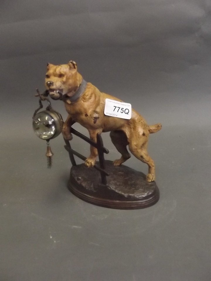 A cold painted bronze bulldog clock, impressed C.: A cold painted bronze bulldog clock, impressed C. Valton, 7¼'' high