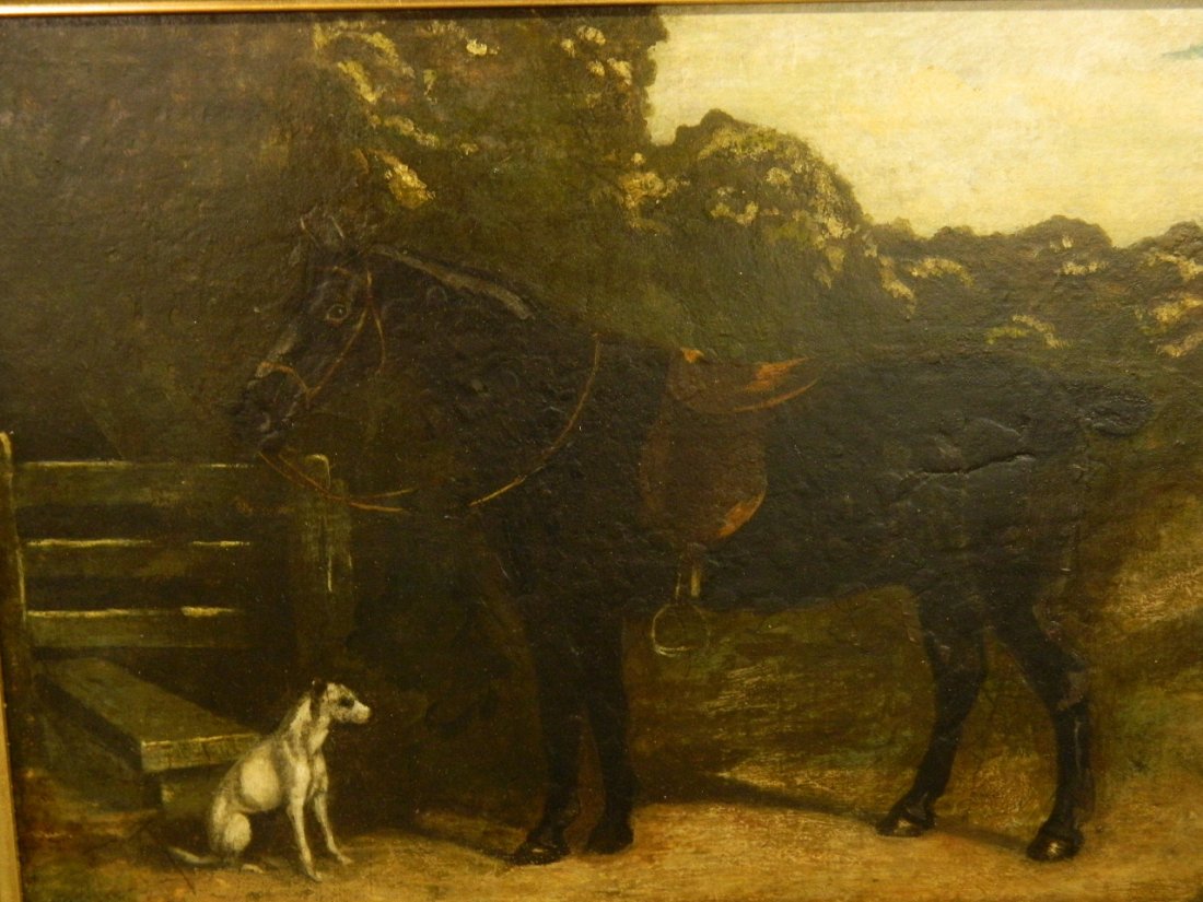 A C19th oil on canvas, portrait of a horse with a dog: A C19th oil on canvas, portrait of a horse with a dog in a stable, housed in a gilt frame with carved shell decoration, 16'' x 12''