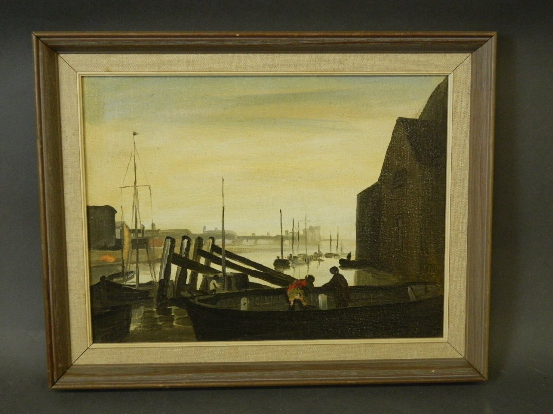 Philip Hugh Padwick, oil on board, harbour scene with: Philip Hugh Padwick, oil on board, harbour scene with boatmen to foreground, signed and inscribed verso, 16'' x 12''