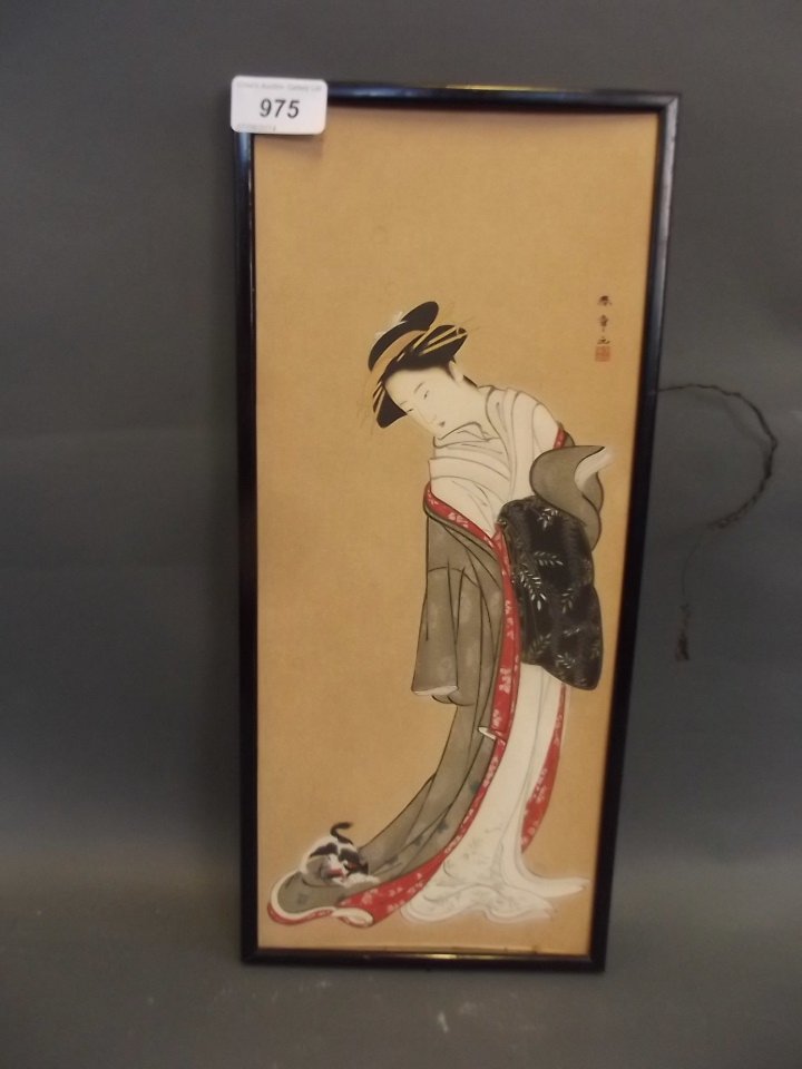 An early C20th Japanese watercolour, geisha with: An early C20th Japanese watercolour, geisha with playful cat, signed, 16'' x 7''