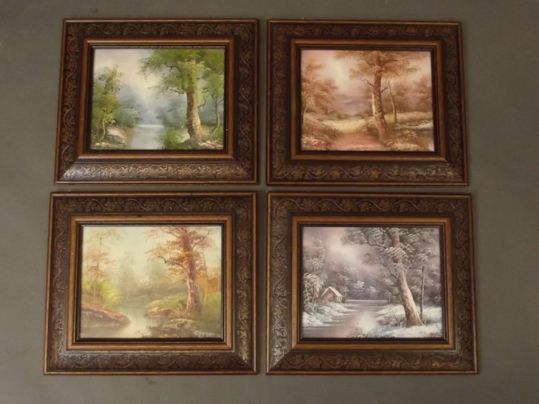 A set of four oils on canvas laid on boards, landscapes: A set of four oils on canvas laid on boards, landscapes depicting the four seasons, after Irene Cafieri, in carved hardwood frames, 10'' x 8''