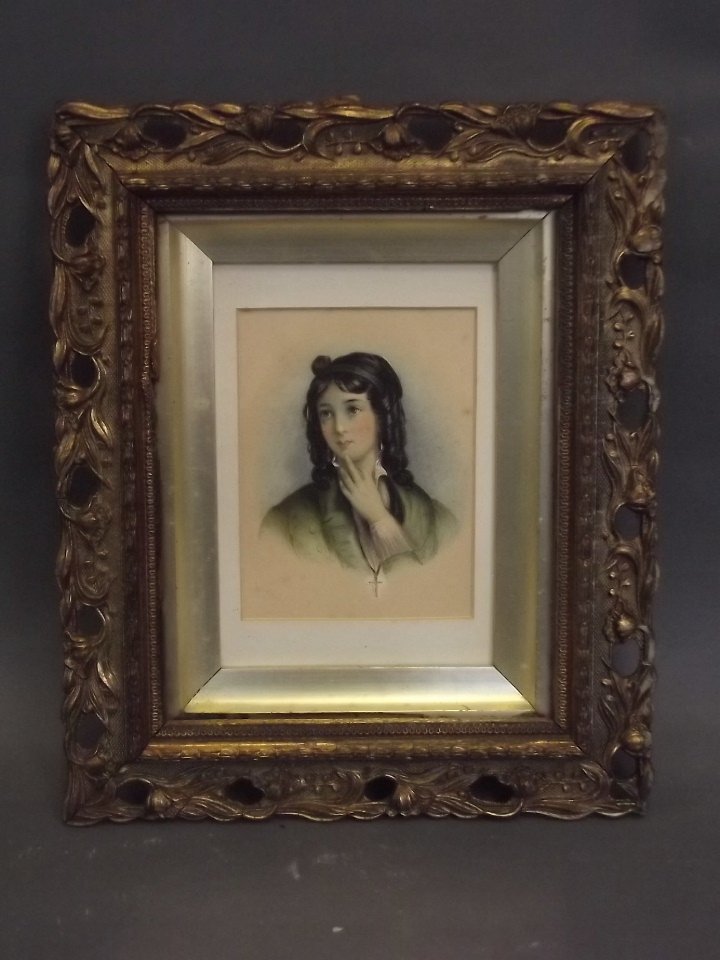 A late C19th/early C20th watercolour, portrait of a: A late C19th/early C20th watercolour, portrait of a young woman in a green coat, 4'' x 5''