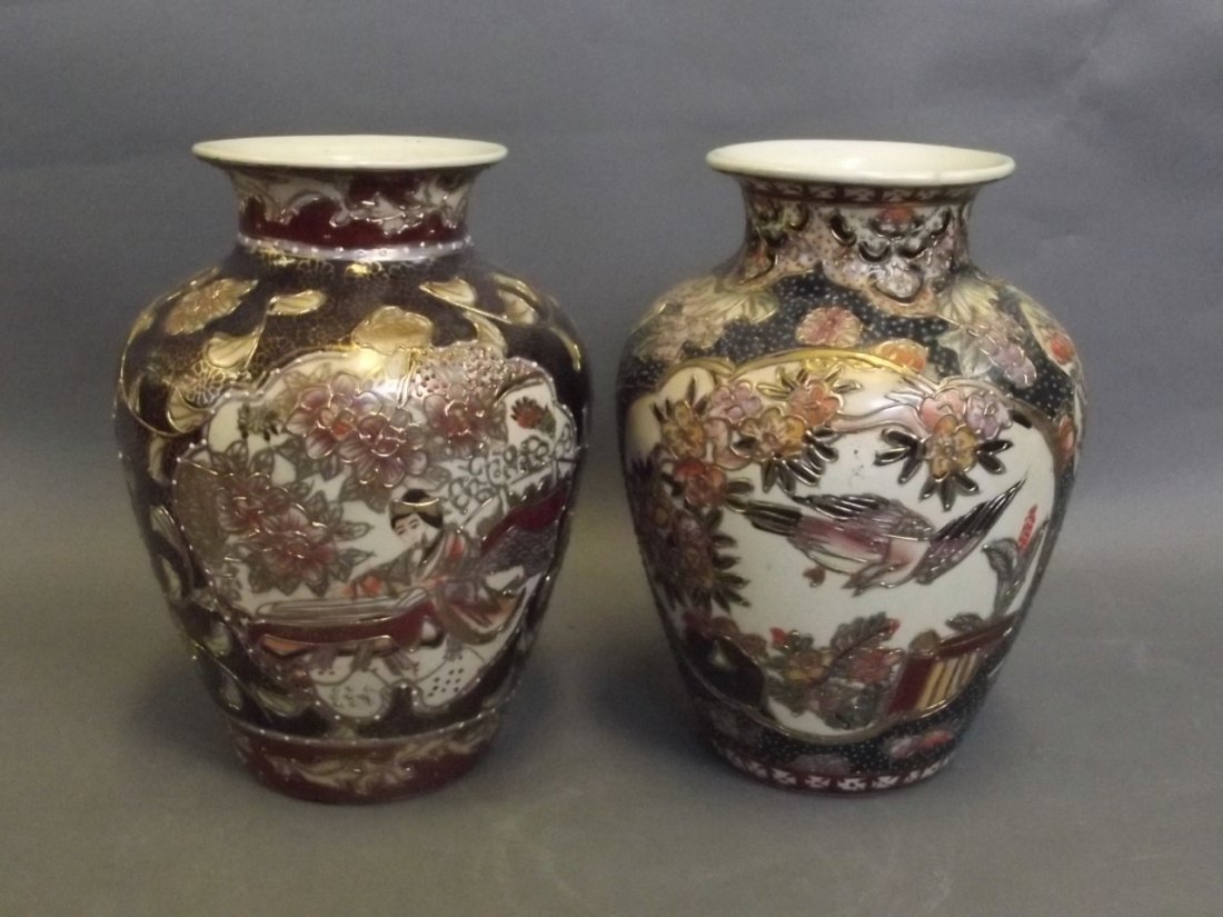 Two Satsuma style pottery vases with enamel decoration: Two Satsuma style pottery vases with enamel decoration of a woman playing the koto amongst birds, marked, 7¾'' high