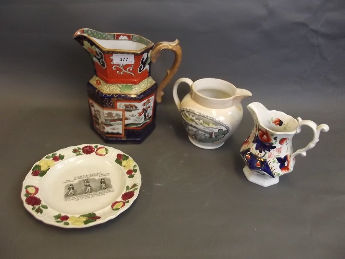 A large C19th Mason's ironstone jug, a C19th Sunderland: A large C19th Mason's ironstone jug, a C19th Sunderland lustre jug 'West View of the cast iron bridge over the River Yar, built by R. Burdon', an early pottery dish 'Participles', and a C19th gaudy pa