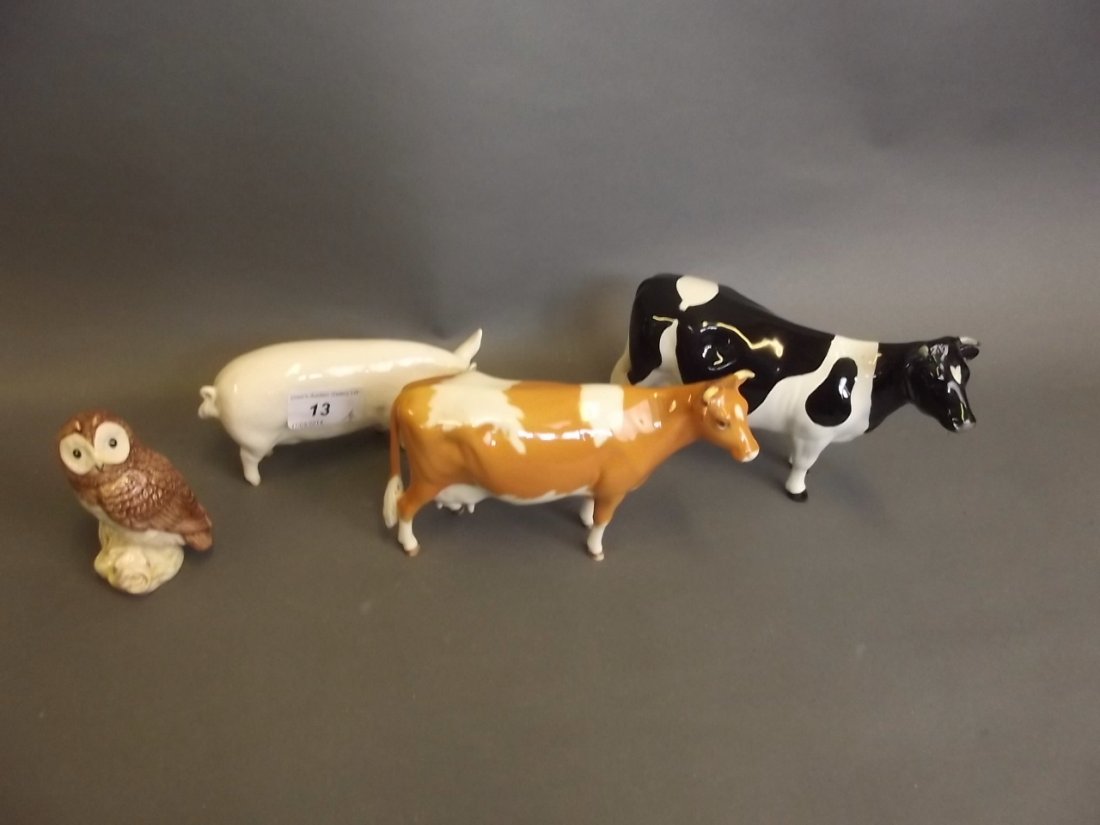 A Beswick figure of a Jersey cow, 6½'' wide, a Beswick: A Beswick figure of a Jersey cow, 6½'' wide, a Beswick figure of a pig 'C.H. Wall Queen 40', 6'' wide, a Beswick figure of a black and white cow 'C.H'. Claybury Leegwater, 7'' wide and a Beswick figu