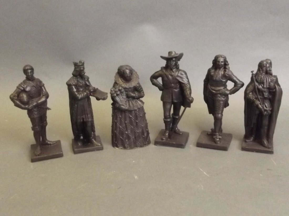 Five bronzed metal figures of kings and queens of: Five bronzed metal figures of kings and queens of England, and a bronzed metal Oliver Cromwell figure, 4'' high