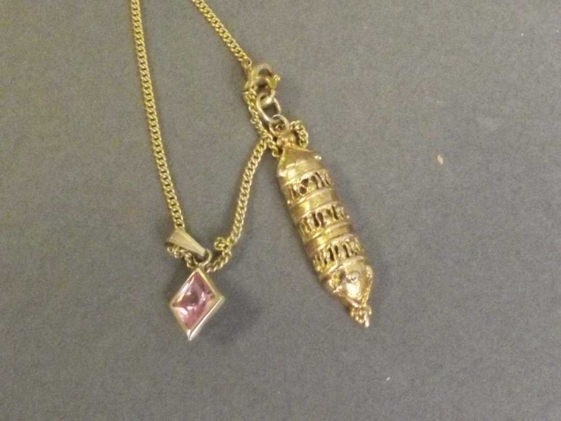 Two 9ct gold pendants and chain, 1¼'' long: Two 9ct gold pendants and chain, 1¼'' long