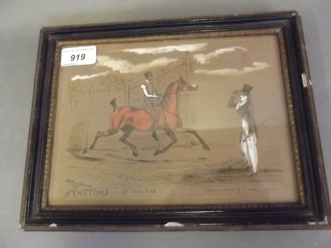 A pen and ink sketch after H. Alken, horse and jockeys,: A pen and ink sketch after H. Alken, horse and jockeys, signed and dated indistinctly 1886, 8'' x 6''