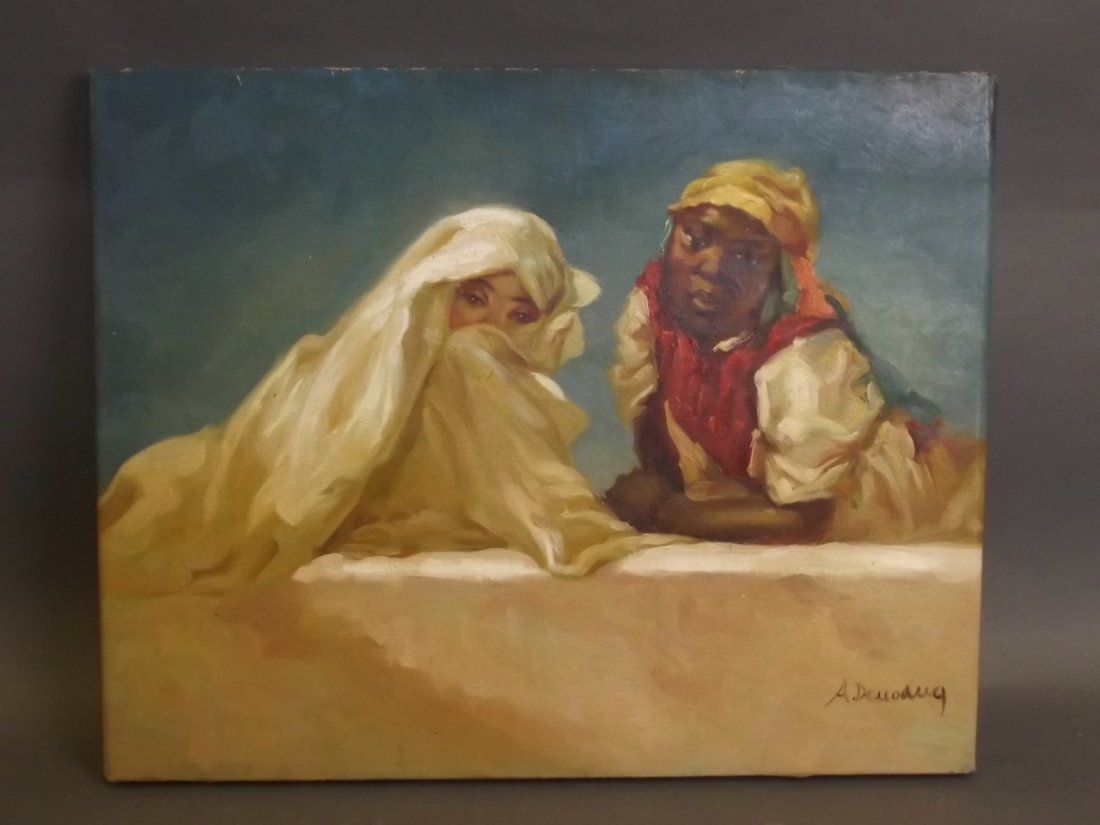 An unframed oil on canvas, two Arab children leaning: An unframed oil on canvas, two Arab children leaning over a wall, signed A. Dellodug, 20'' x 16''