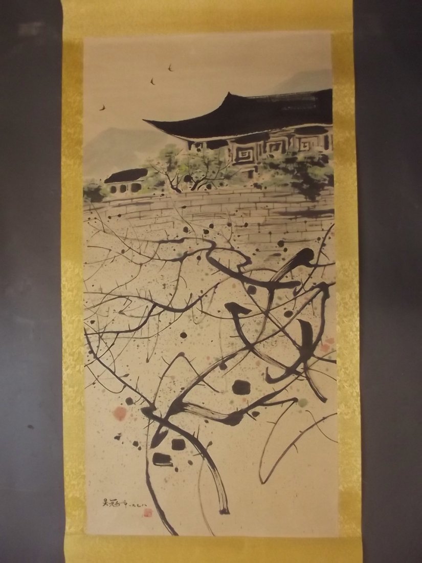 A large Chinese watercolour scroll depicting swifts in: A large Chinese watercolour scroll depicting swifts in flight above a temple, 26½'' x 53''