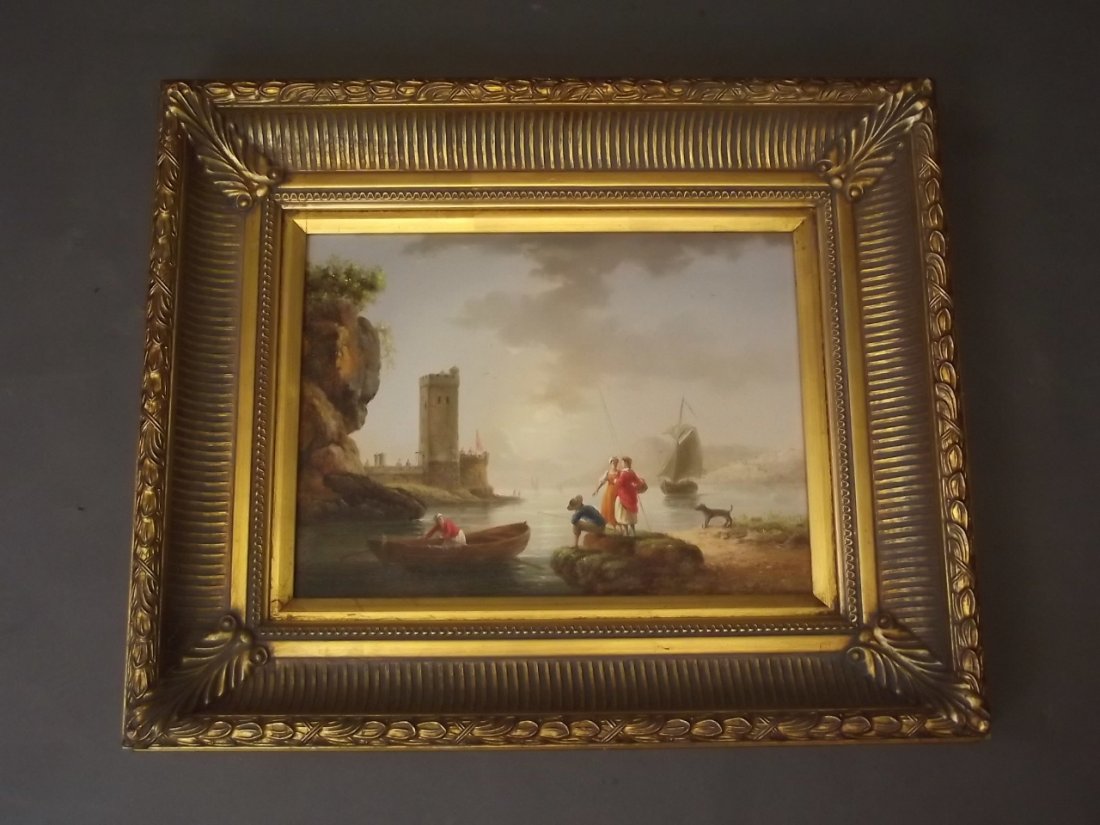 A continental oil on board depicting a lake landscape: A continental oil on board depicting a lake landscape with figures, in a gilt frame, image 15½'' x 11½''