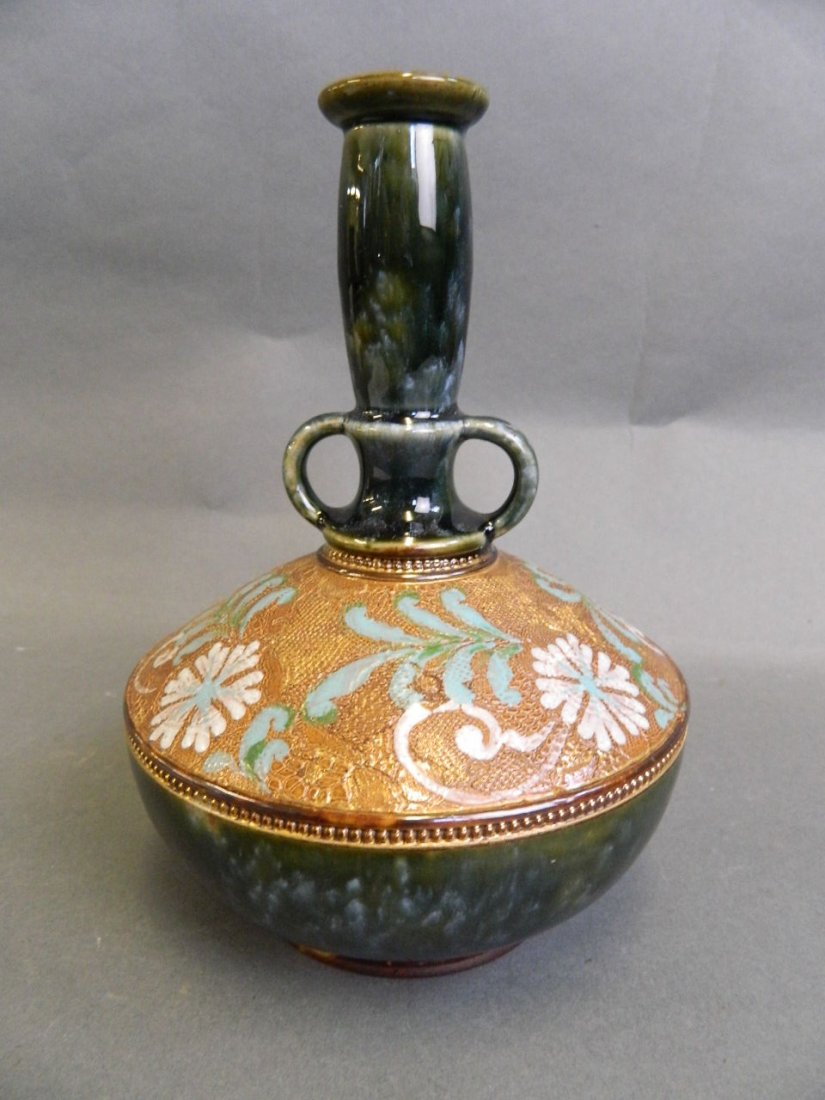 A Doulton Slaters twin handled long necked vase, signed: A Doulton Slaters twin handled long necked vase, signed 'RB', 7'' high