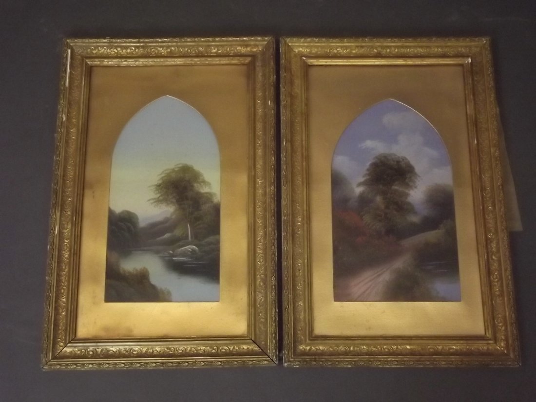 A pair of Victorian landscape paintings in ornate gilt: A pair of Victorian landscape paintings in ornate gilt frames, 14½'' x 7½''