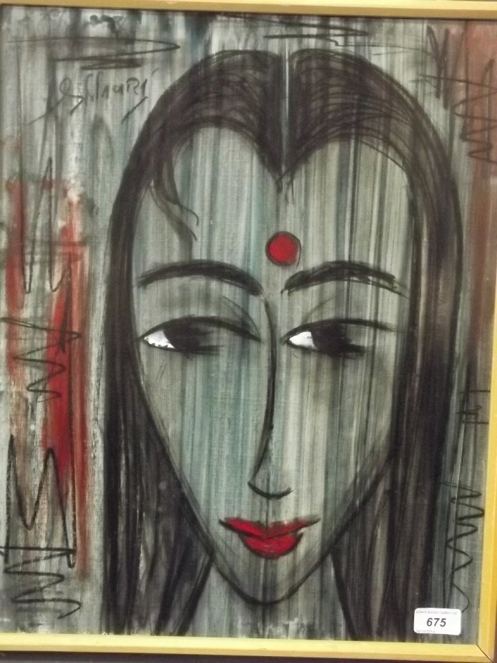 A mixed media study of an Indian girl, signed Shiari: A mixed media study of an Indian girl, signed Shiari (?), c1960, 16'' x 20''