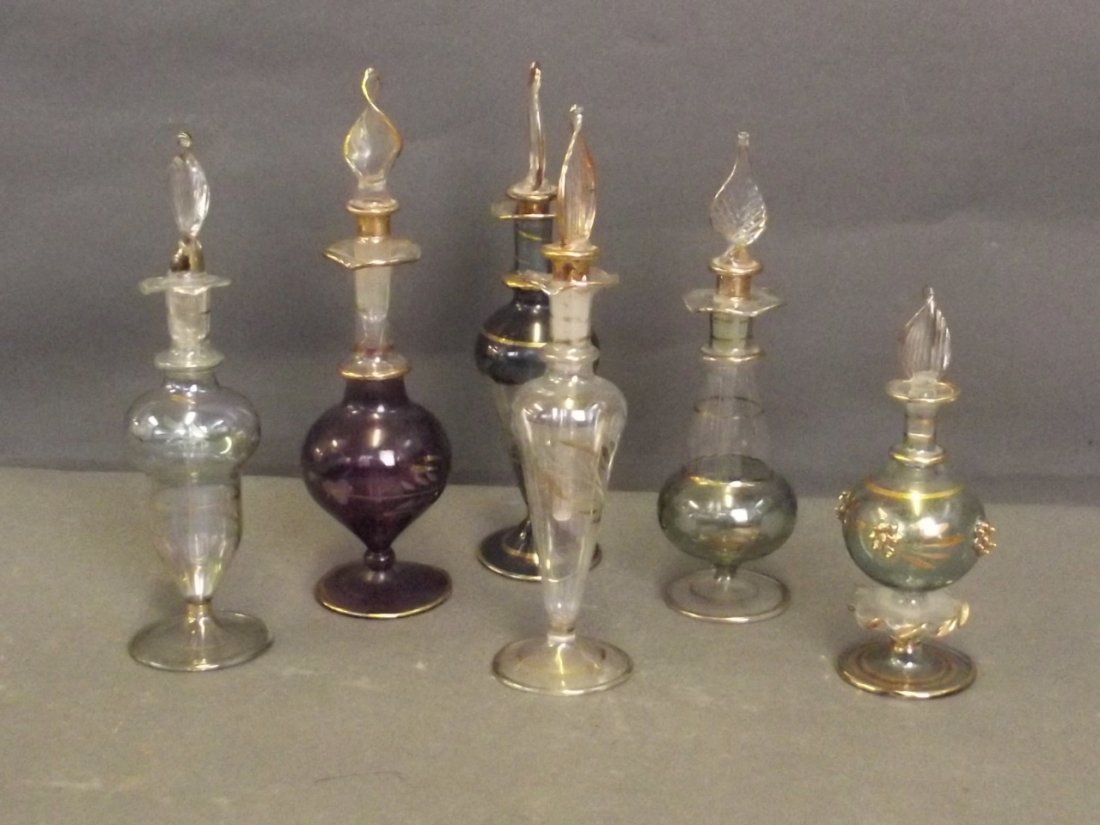 Six glass perfume bottles with gilt decoration, 6¼'': Six glass perfume bottles with gilt decoration, 6¼'' high