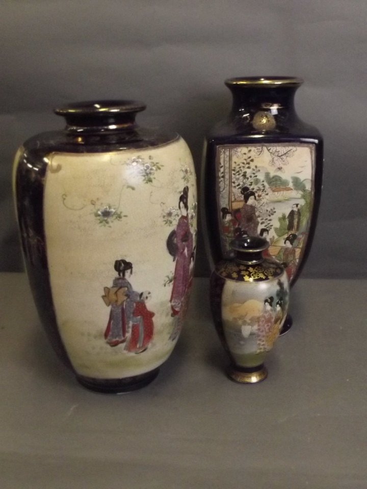 A large C19th satsuma pottery square form vase, signed,: A large C19th satsuma pottery square form vase, signed, 12½'' high, and 2 other satsuma vases (AF)
