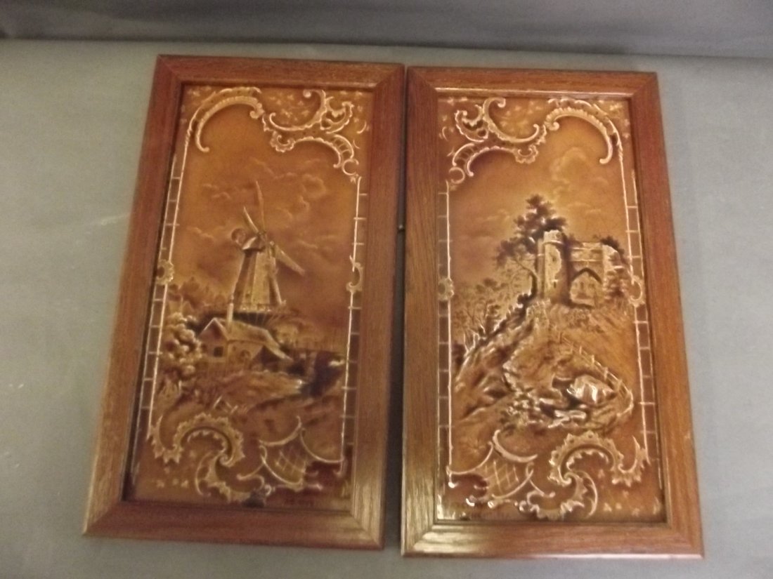 A pair of C19th Minton pottery oak framed tiles 'Old: A pair of C19th Minton pottery oak framed tiles 'Old Windmill at Rye', and 'Gateway at Winchelsea', 13½'' x 7¼'', Best Bid