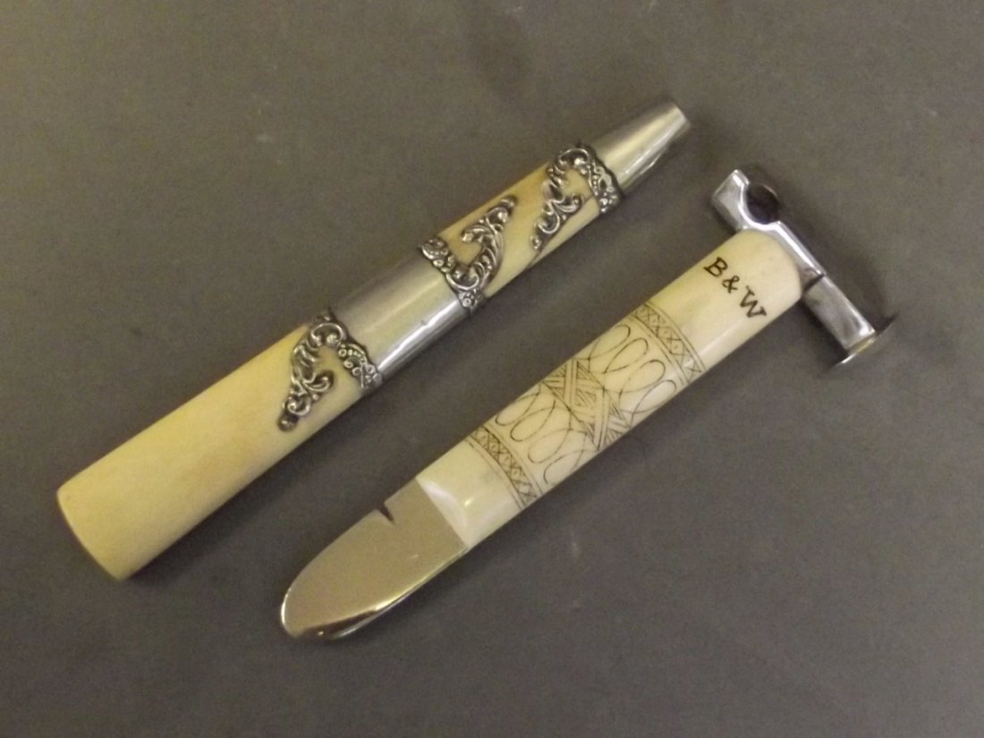 A bone and silver plated cigar cutter, and a marked 925: A bone and silver plated cigar cutter, and a marked 925 Sterling silver embossed bone knife handle