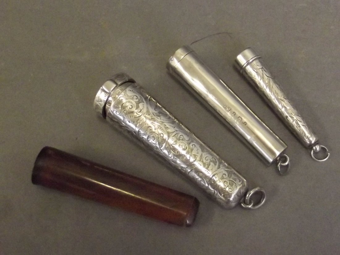 Three Hallmarked silver cheroot holder cases, one: Three Hallmarked silver cheroot holder cases, one complete with holder, 3'' long