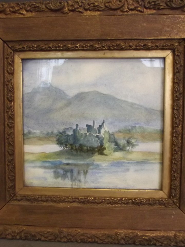 A small watercolour, Scottish ruin on a central island: A small watercolour, Scottish ruin on a central island within a mountainous loch landscape, 7'' x 6½''