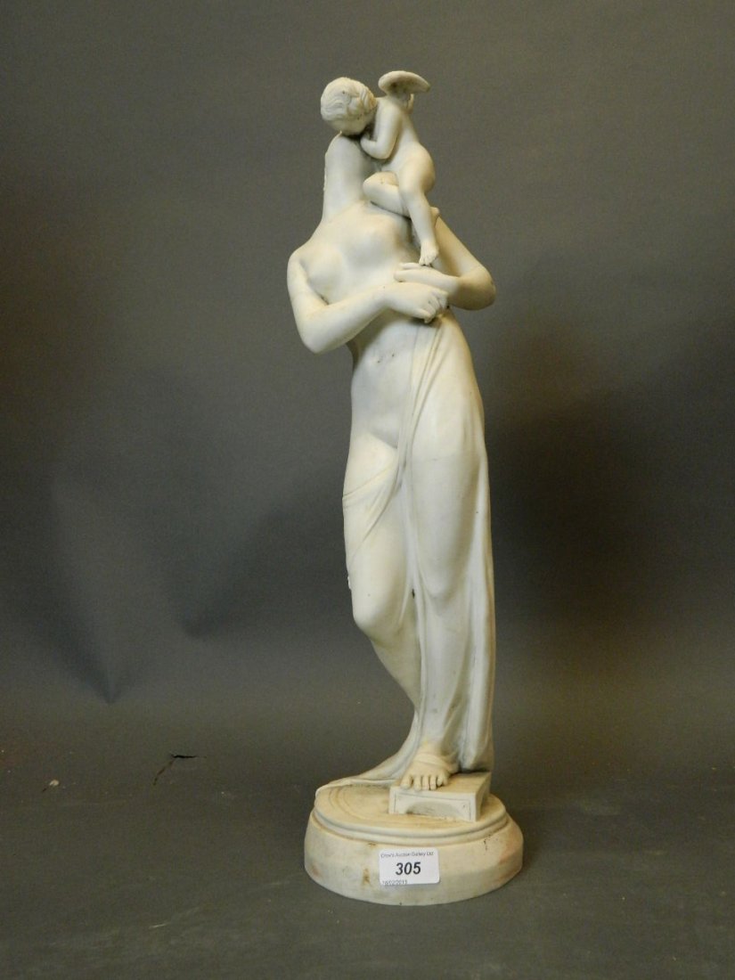 A C19th Parian figure of Venus and Cupid, 22'' high (AF: A C19th Parian figure of Venus and Cupid, 22'' high (AF repairs)