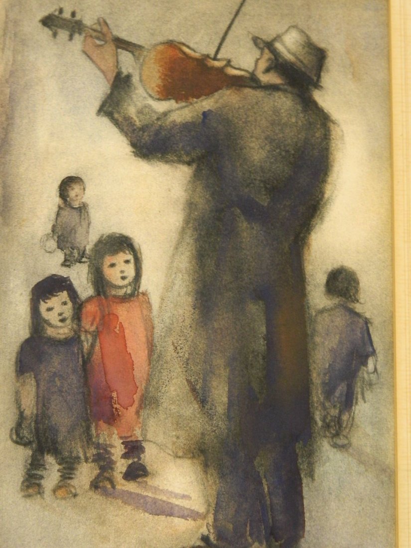 A Continental watercolour and charcoal painting of a: A Continental watercolour and charcoal painting of a fiddle player, mid C20th, signed indistinctly, possibly German, 15½'' x 10''