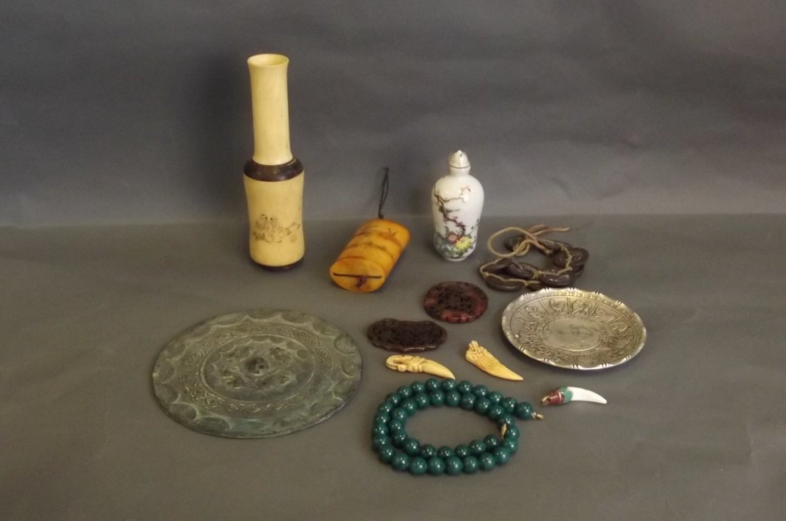 A quantity of mixed Oriental items to include an erotic: A quantity of mixed Oriental items to include an erotic bone inro, a white metal coin dish with Zodiac decoration, hardstone carved pendants, a bone vase etc