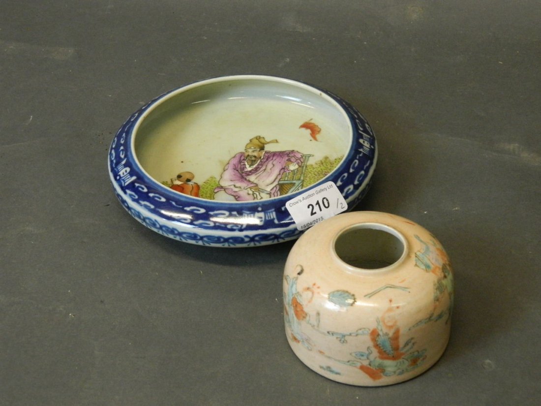 A Chinese porcelain plaque with blue and white border: A Chinese porcelain plaque with blue and white border and enamel decoration of a young scholar reading to a seated gentleman, marked, and a porcelain brush wash with enamel decoration, seal mark, bowl