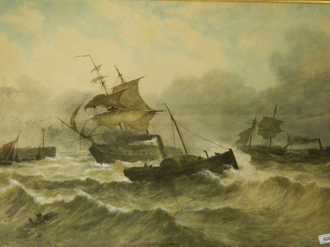 A large C19th watercolour, Man O' War and paddle: A large C19th watercolour, Man O' War and paddle steamer tug in stormy seads, unsigned in a gilt frame, 26'' x 39''