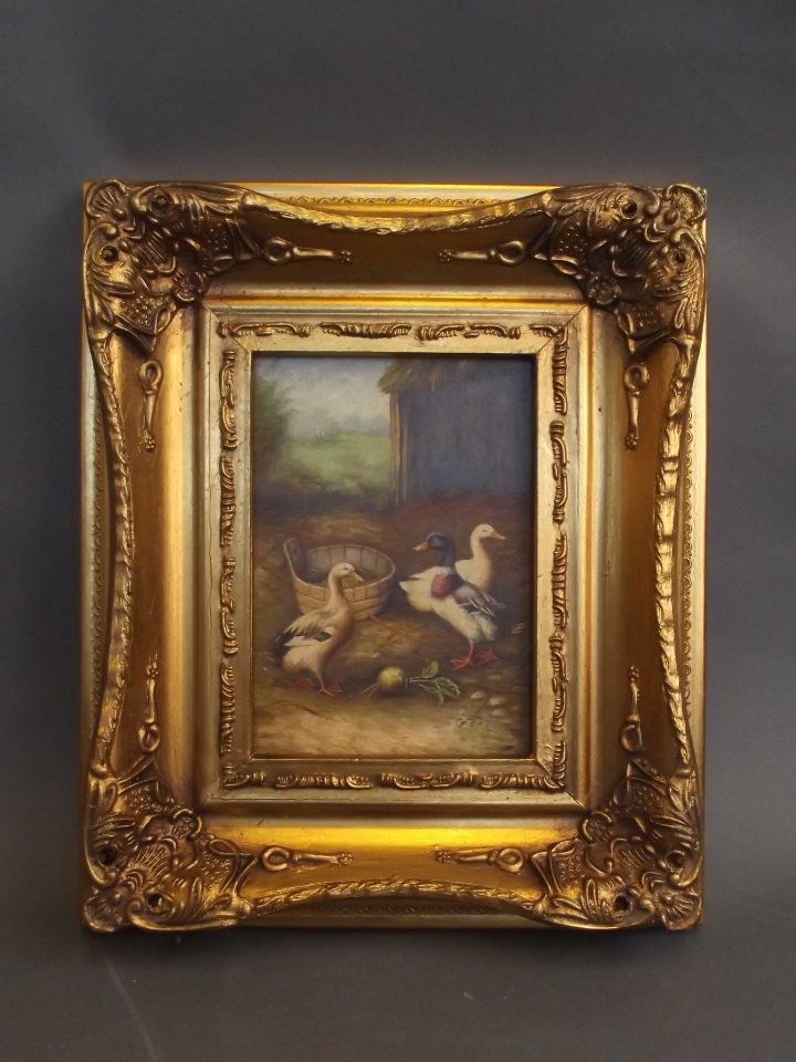 A gilt framed oil on board of ducks, after Edgar Hunt,: A gilt framed oil on board of ducks, after Edgar Hunt, 5'' x 7''