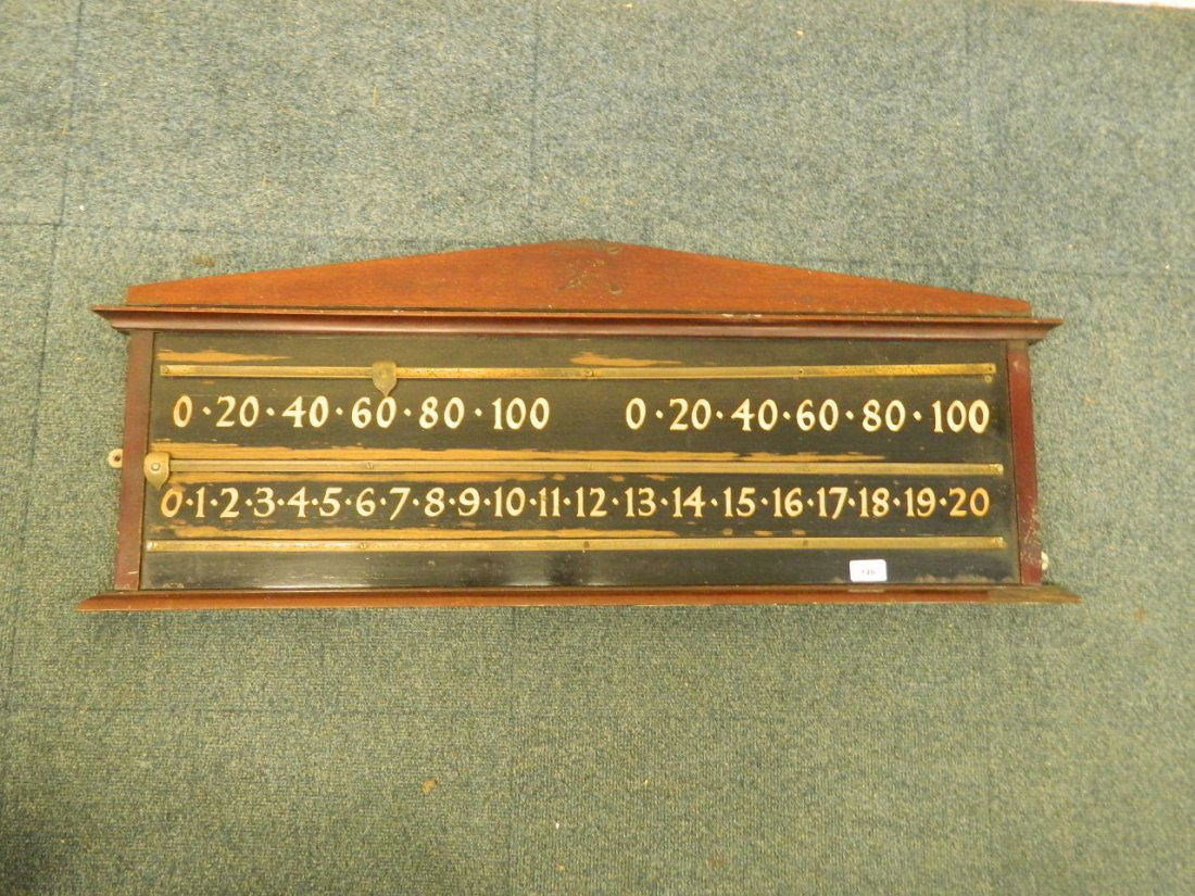 A mahogany and brass snooker scoreboard by John Bennett: A mahogany and brass snooker scoreboard by John Bennett of London, 16'' x 40''