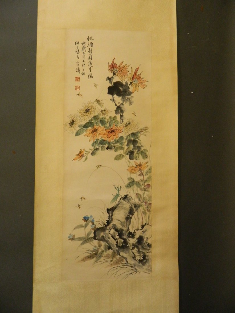 A Chinese watercolour scroll depicting crickets and: A Chinese watercolour scroll depicting crickets and other insects amongst flowers, 13'' x 37¼''