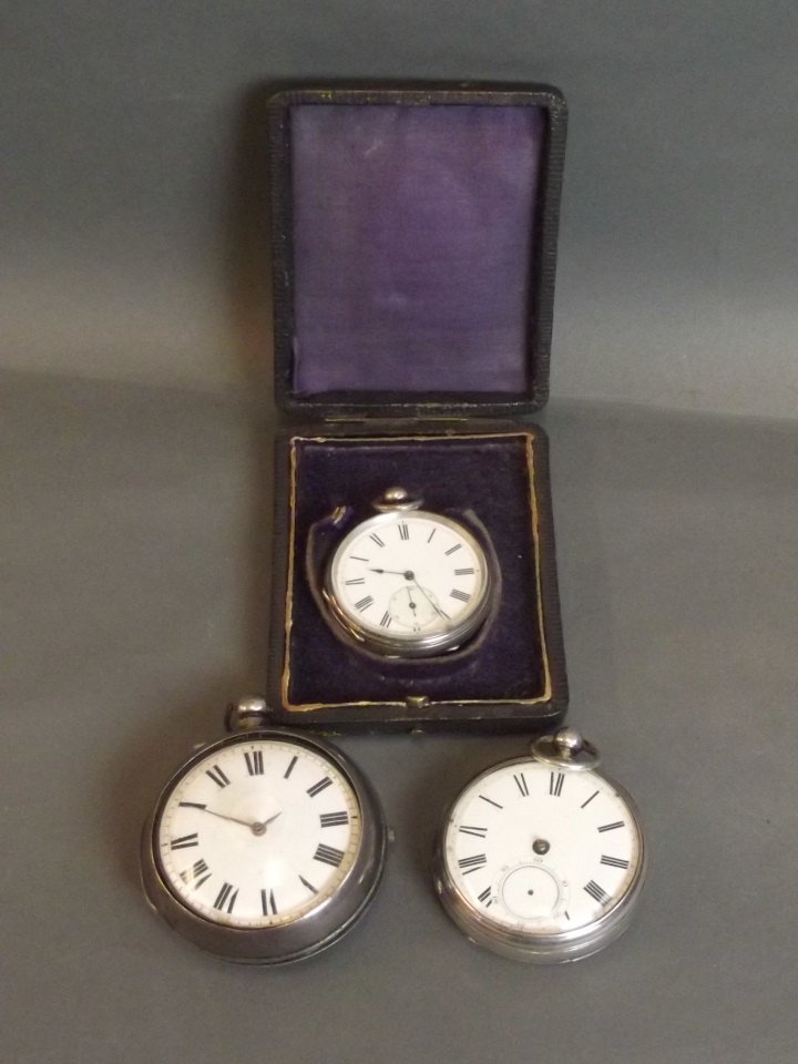 Three silver plated pocket watches, one boxed, 2¼'': Three silver plated pocket watches, one boxed, 2¼'' diameter