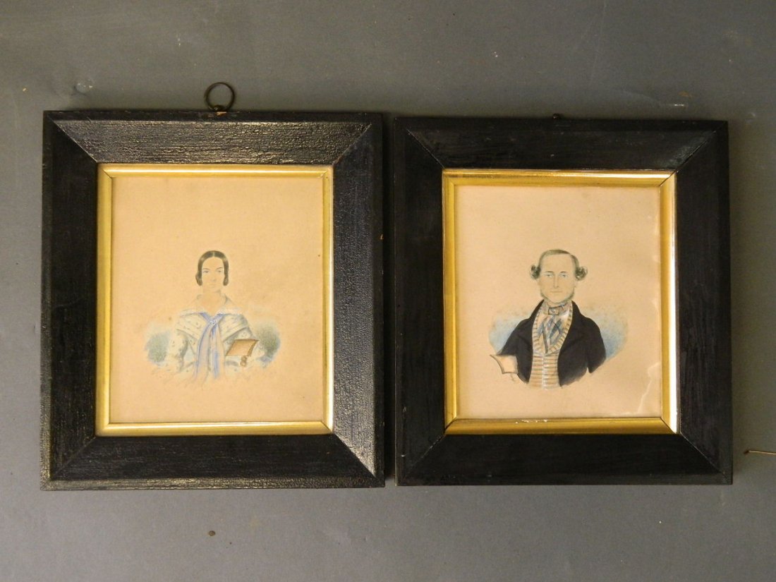 A pair of C19th miniature portraits of a lady and: A pair of C19th miniature portraits of a lady and gentleman, in ebonised frames, 5½'' x 6¼'', Best Bid