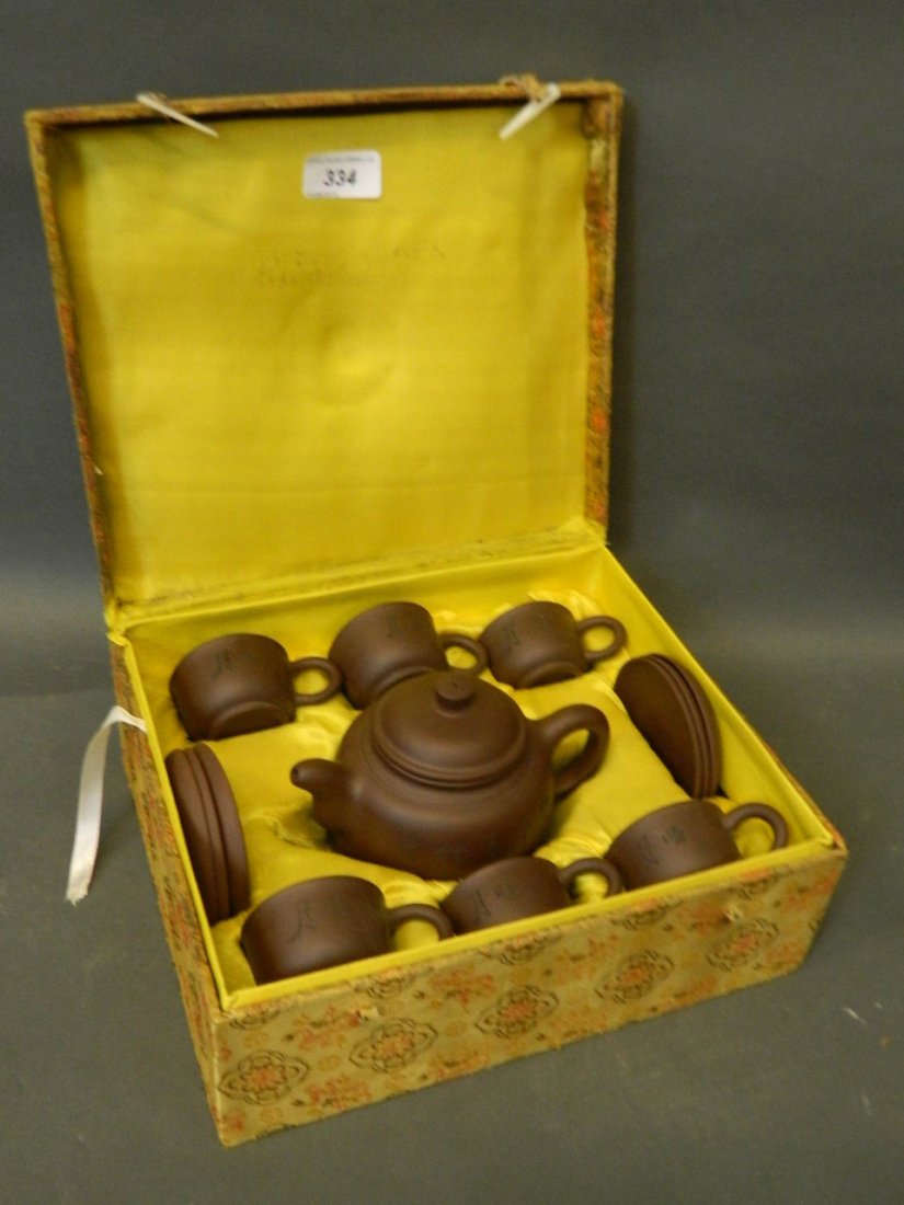 A Yixing six piece tea set in case, with incised (1 of 6)