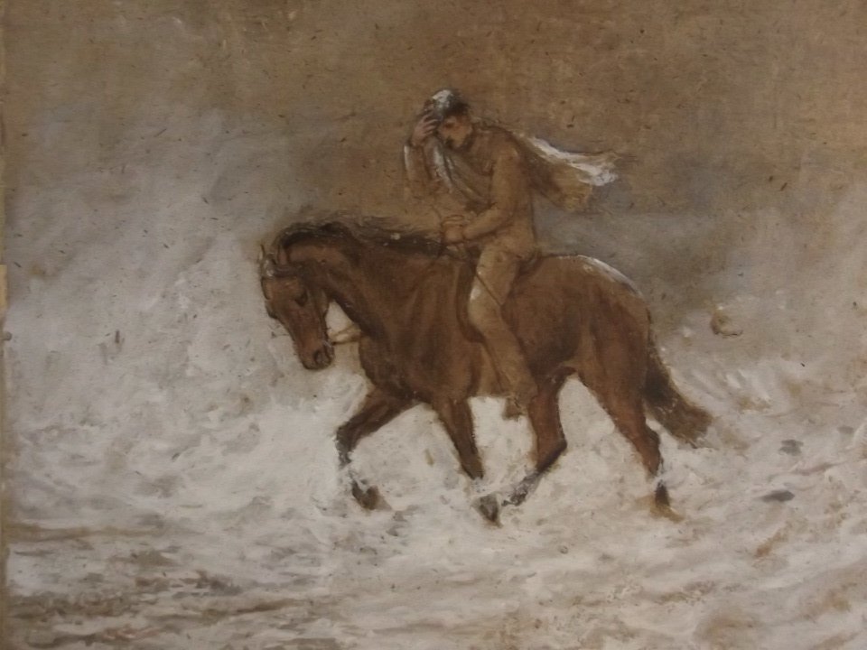 James Alfred Aitken, signed watercolour and gouache,: James Alfred Aitken, signed watercolour and gouache, highlander on a horse in a winter landscape, unframed, 14'' x 10¾''
