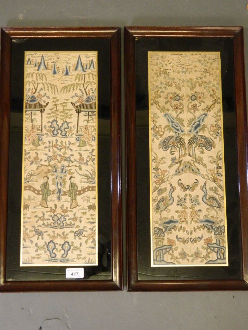 A pair of C19th Chinese finely stitched embroidered: A pair of C19th Chinese finely stitched embroidered silks, one with cranes in a lotus garden, the other with young women in a garden, 6½'' x 19''