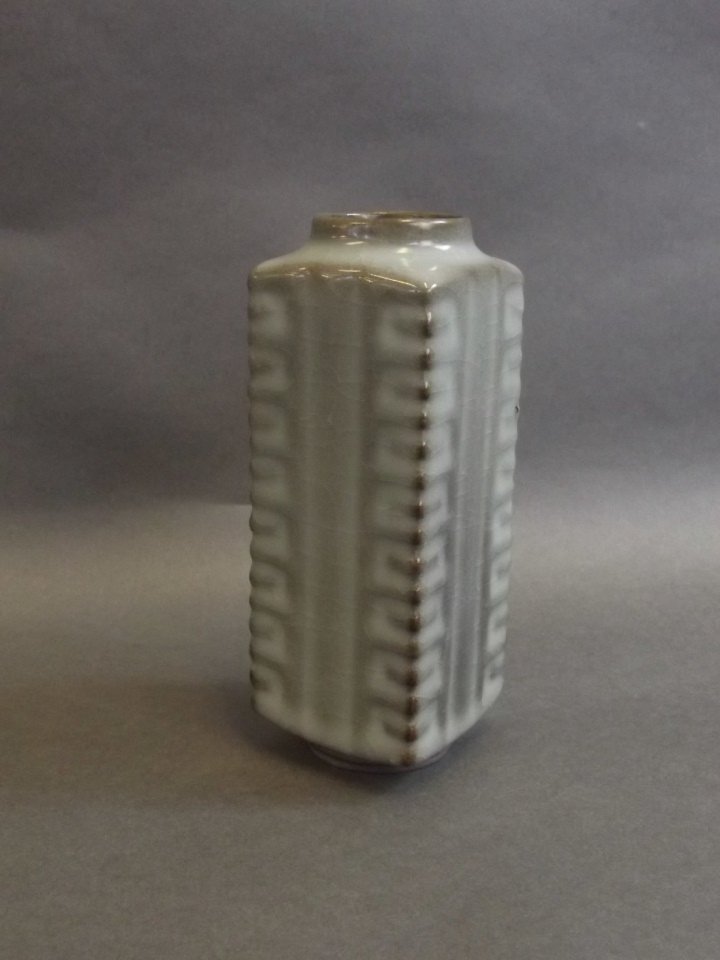 A Chinese celadon glazed ribbed square form vase, 5'' (1 of 2)