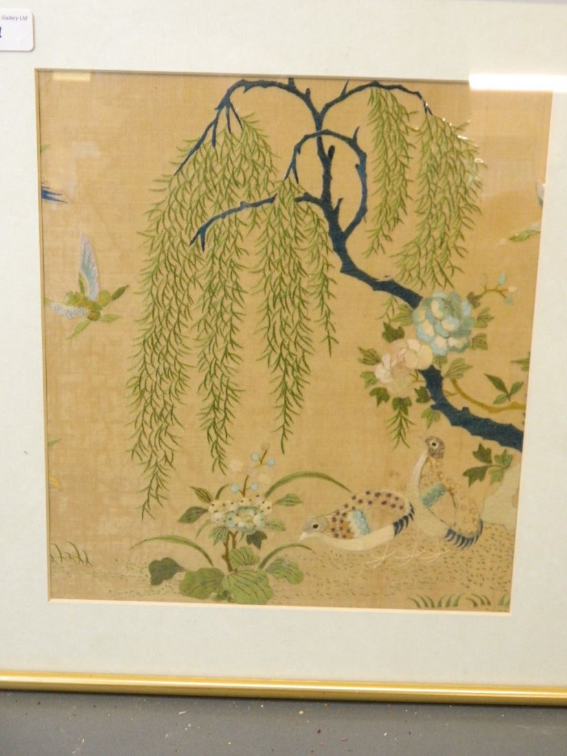 A Chinese silk embroidery depicting quails beneath a (1 of 1)