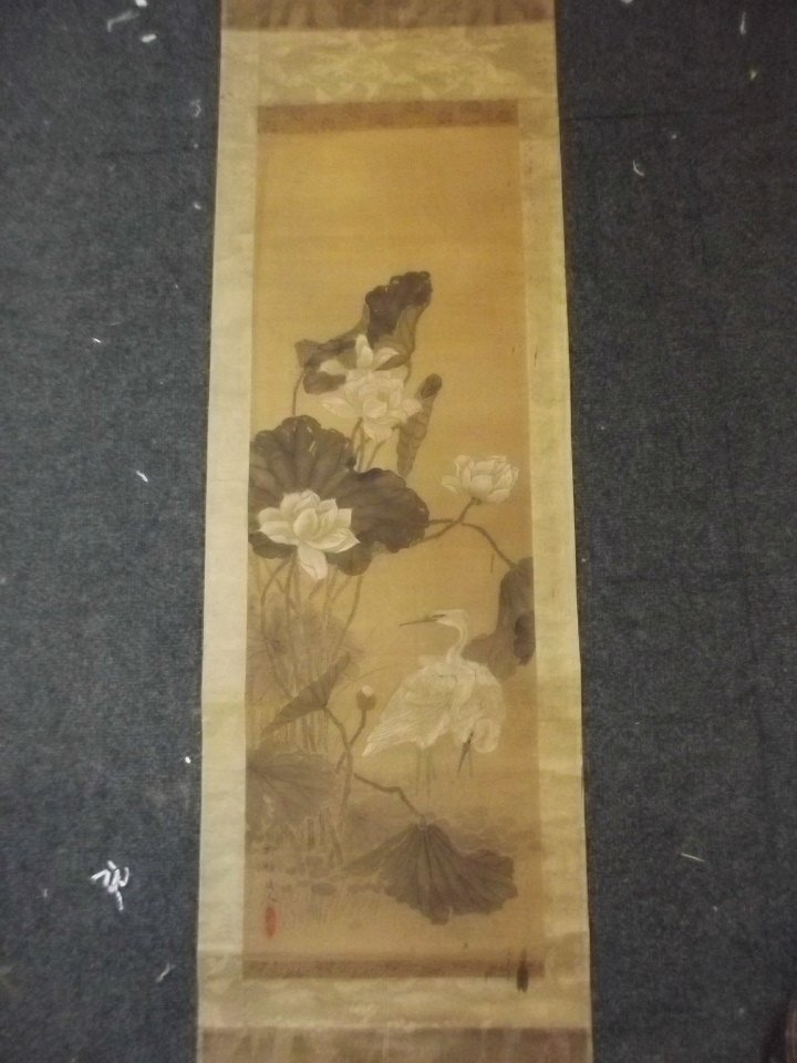 A Chinese scroll painted with a heron and a lotus (1 of 1)