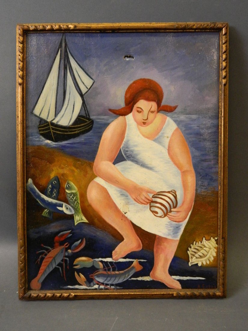 A. Extez, naïve oil on canvas, girl holding a shell: A. Extez, naïve oil on canvas, girl holding a shell with a boat in the distance, 11½'' x 15½'' (AF)